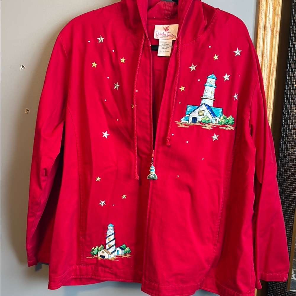 Red Jacket with Lighthouse Embroidery